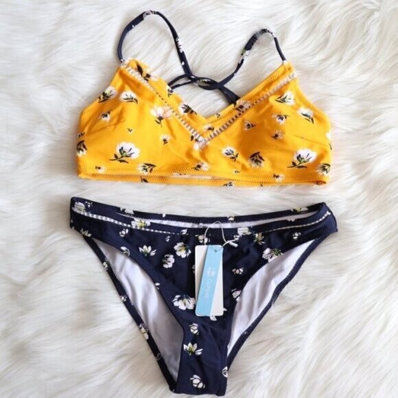 NEW Yellow Blue Floral Print V Neck Bikini Bathing Suit Set Size Large - Picture 2 of 8